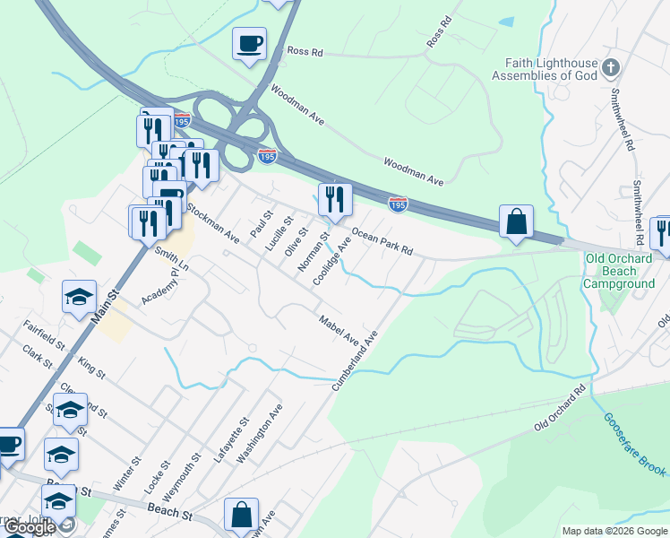 map of restaurants, bars, coffee shops, grocery stores, and more near 9 Truman Avenue in Saco