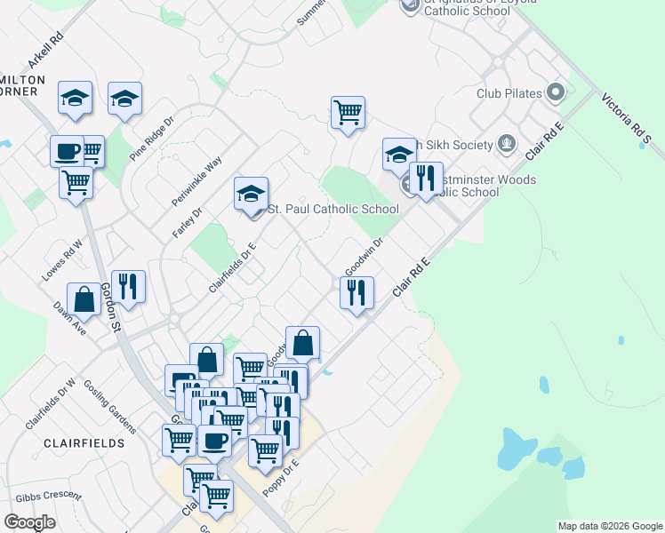 map of restaurants, bars, coffee shops, grocery stores, and more near 39 McArthur Drive in Guelph