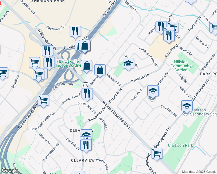 map of restaurants, bars, coffee shops, grocery stores, and more near Banwell Road in Mississauga
