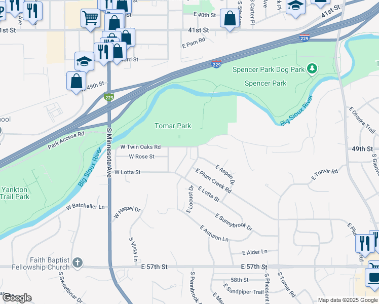 map of restaurants, bars, coffee shops, grocery stores, and more near 117 East Twin Oaks Place in Sioux Falls