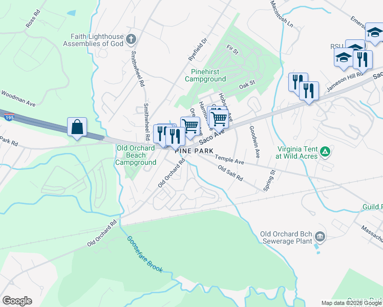 map of restaurants, bars, coffee shops, grocery stores, and more near 1 Old Orchard Road in Old Orchard Beach