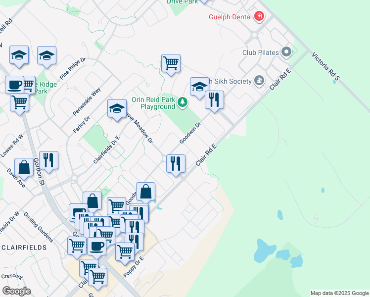map of restaurants, bars, coffee shops, grocery stores, and more near 99 Goodwin Drive in Guelph