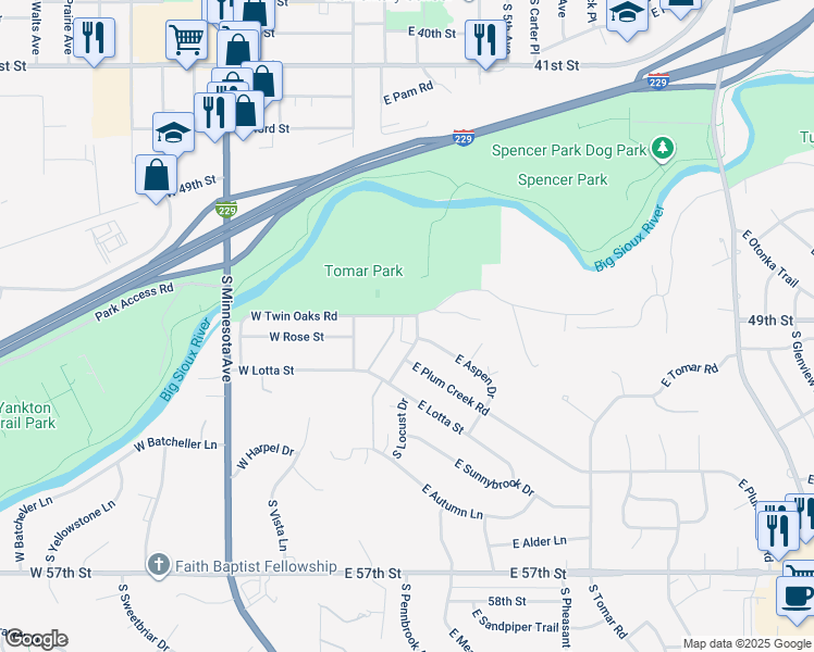 map of restaurants, bars, coffee shops, grocery stores, and more near 117 East Twin Oaks Road in Sioux Falls