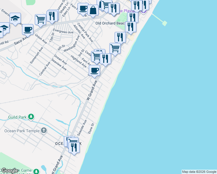 map of restaurants, bars, coffee shops, grocery stores, and more near 5 Union Avenue in Old Orchard Beach