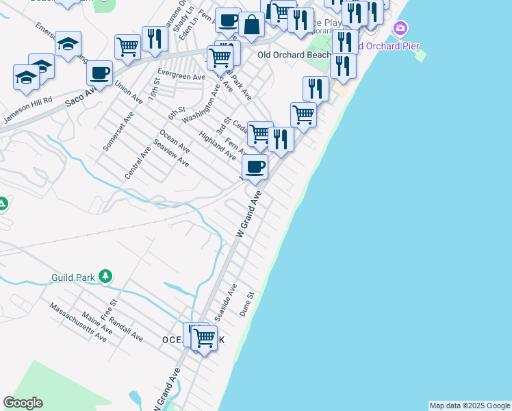 map of restaurants, bars, coffee shops, grocery stores, and more near 111 West Grand Avenue in Old Orchard Beach