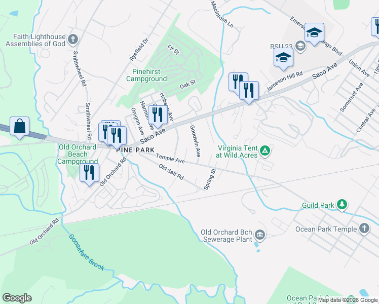 map of restaurants, bars, coffee shops, grocery stores, and more near 202 Temple Avenue in Old Orchard Beach
