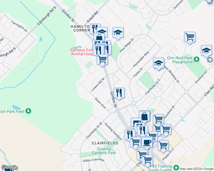 map of restaurants, bars, coffee shops, grocery stores, and more near 1549 Gordon Street in Guelph