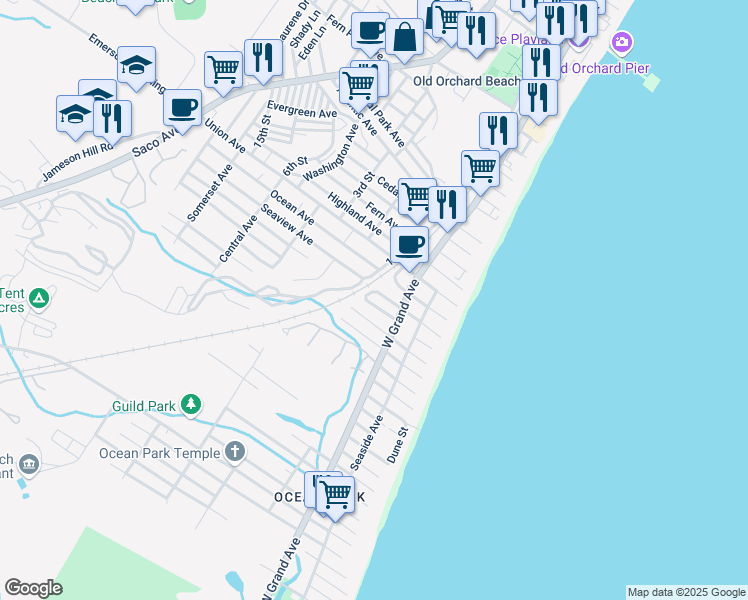 map of restaurants, bars, coffee shops, grocery stores, and more near 26 Odena Avenue in Old Orchard Beach