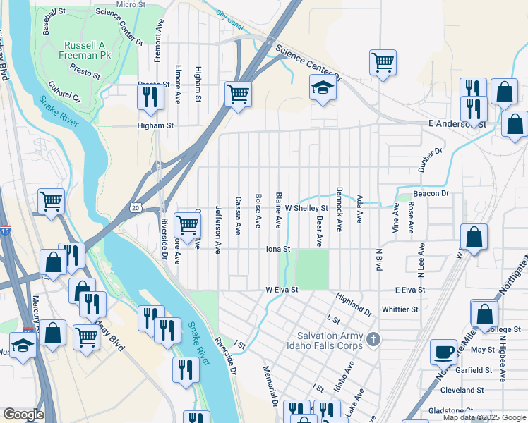 map of restaurants, bars, coffee shops, grocery stores, and more near 635 West Shelley Street in Idaho Falls