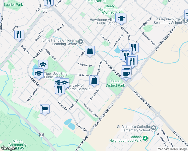 map of restaurants, bars, coffee shops, grocery stores, and more near 969 Philbrook Drive in Milton
