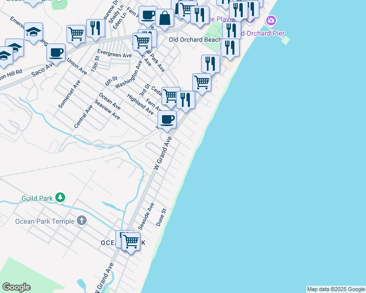 map of restaurants, bars, coffee shops, grocery stores, and more near 5 Union Avenue in Old Orchard Beach