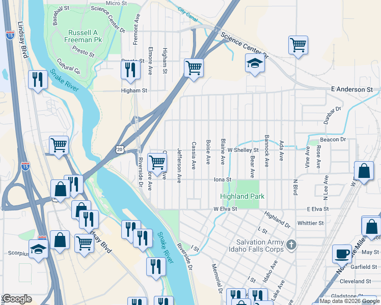 map of restaurants, bars, coffee shops, grocery stores, and more near 1095 Cassia Avenue in Idaho Falls