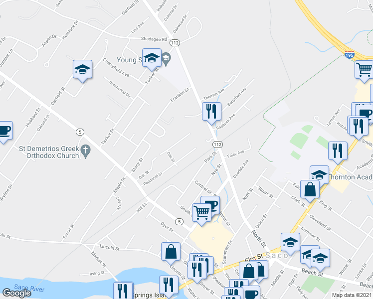 map of restaurants, bars, coffee shops, grocery stores, and more near 44 Pepperell Street in Saco