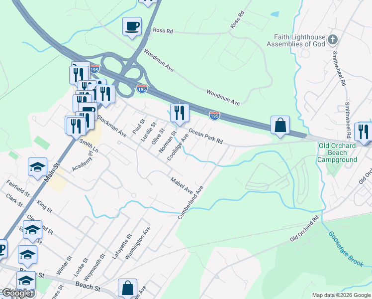 map of restaurants, bars, coffee shops, grocery stores, and more near 9 Truman Avenue in Saco