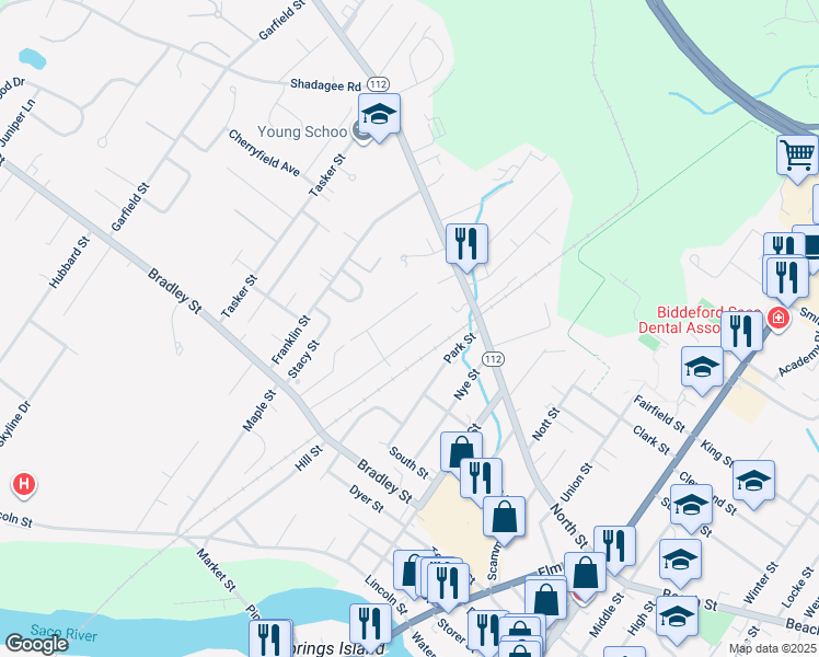 map of restaurants, bars, coffee shops, grocery stores, and more near 44 Pepperell Street in Saco