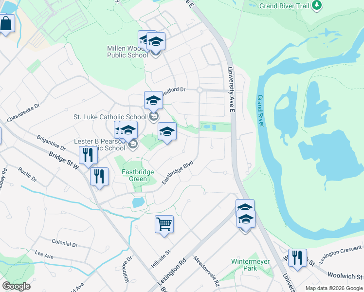 map of restaurants, bars, coffee shops, grocery stores, and more near 585 Canso Place in Waterloo