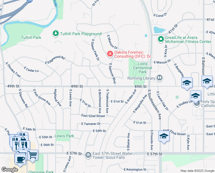map of restaurants, bars, coffee shops, grocery stores, and more near 2415 East 49th Street in Sioux Falls