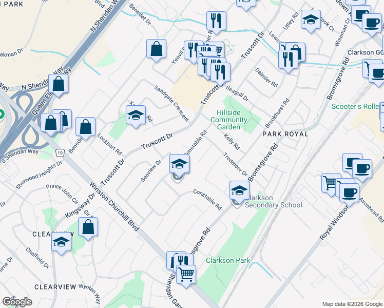 map of restaurants, bars, coffee shops, grocery stores, and more near 2574 Constable Road in Mississauga