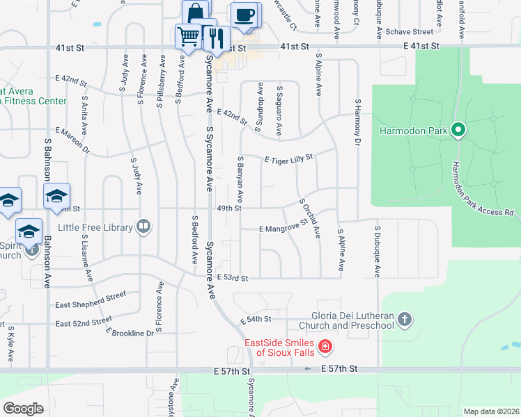 map of restaurants, bars, coffee shops, grocery stores, and more near East 49th Street in Sioux Falls