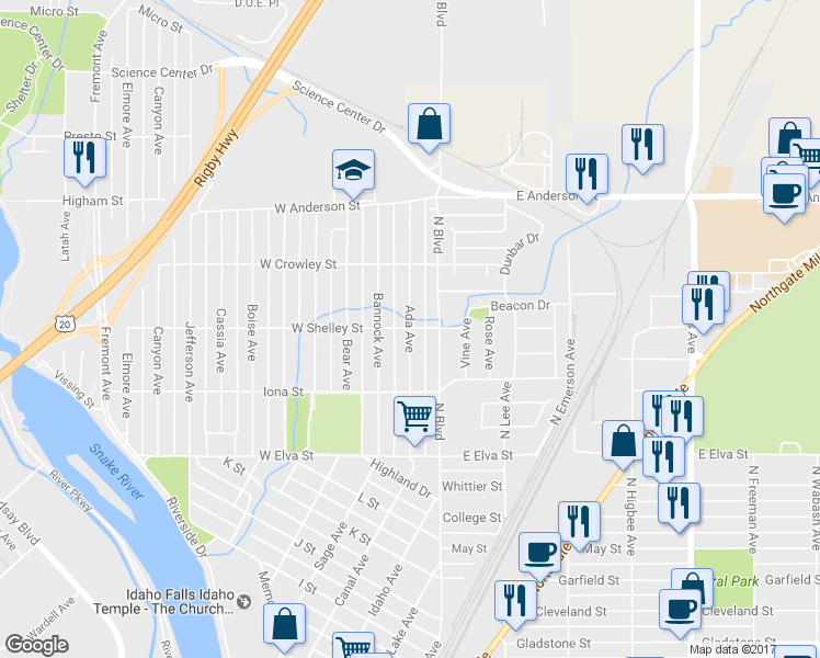 map of restaurants, bars, coffee shops, grocery stores, and more near 1098 Ada Avenue in Idaho Falls