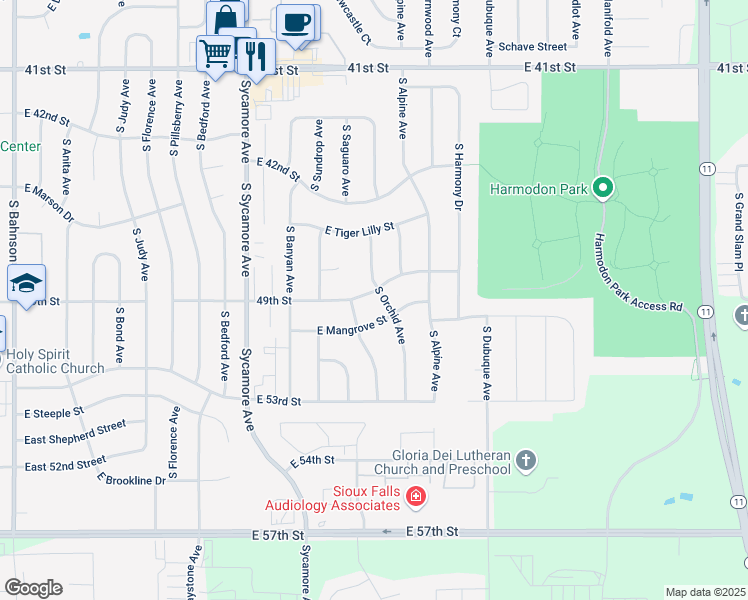 map of restaurants, bars, coffee shops, grocery stores, and more near 4809 East 49th Street in Sioux Falls