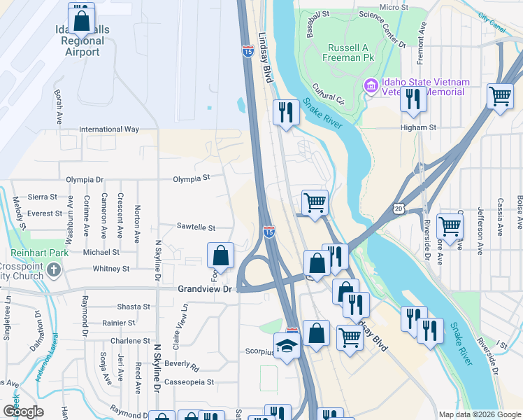 map of restaurants, bars, coffee shops, grocery stores, and more near Veterans Memorial Highway in Idaho Falls