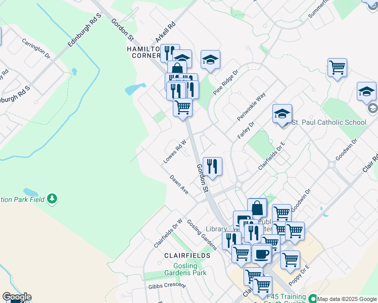 map of restaurants, bars, coffee shops, grocery stores, and more near 1549 Gordon Street in Guelph
