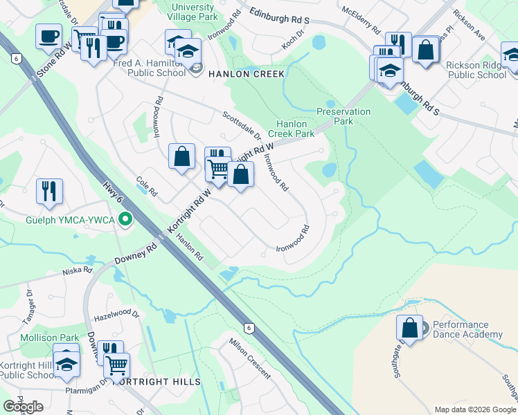 map of restaurants, bars, coffee shops, grocery stores, and more near 107 Woodborough Road in Guelph
