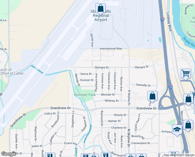 map of restaurants, bars, coffee shops, grocery stores, and more near 1302 Washburn Avenue in Idaho Falls