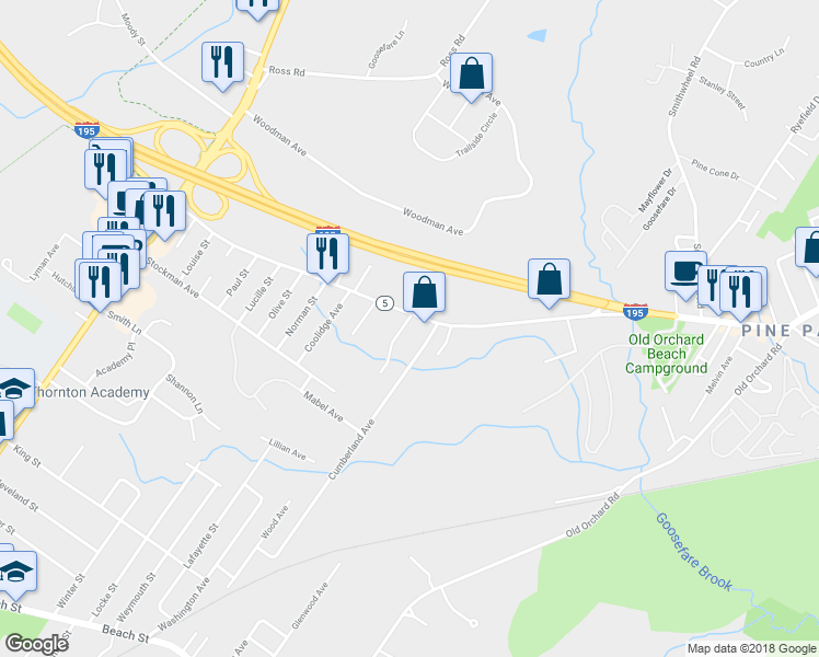 map of restaurants, bars, coffee shops, grocery stores, and more near 65 Ocean Park Road in Saco