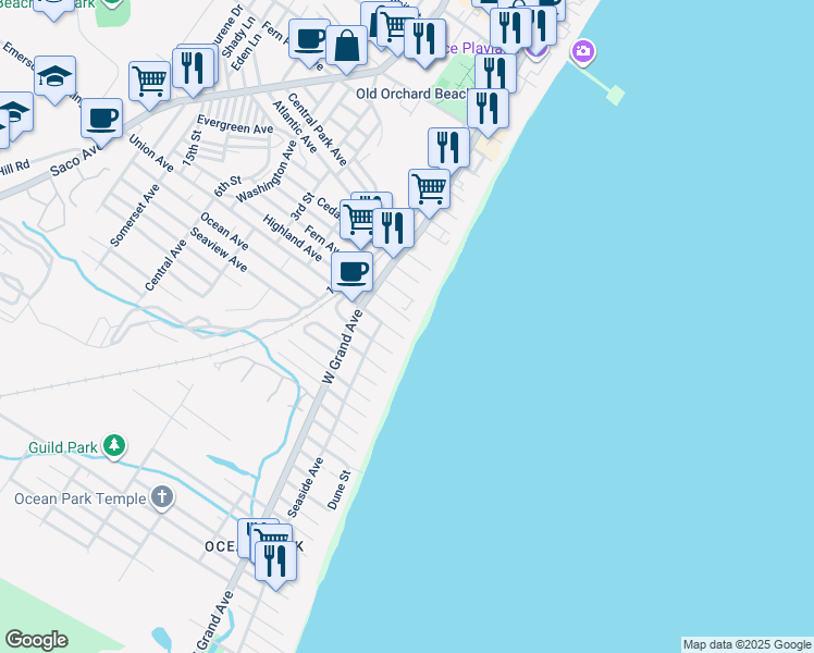 map of restaurants, bars, coffee shops, grocery stores, and more near 1 Pearl Avenue in Old Orchard Beach