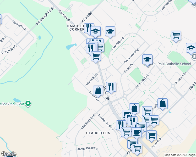 map of restaurants, bars, coffee shops, grocery stores, and more near 1549 Gordon Street in Guelph
