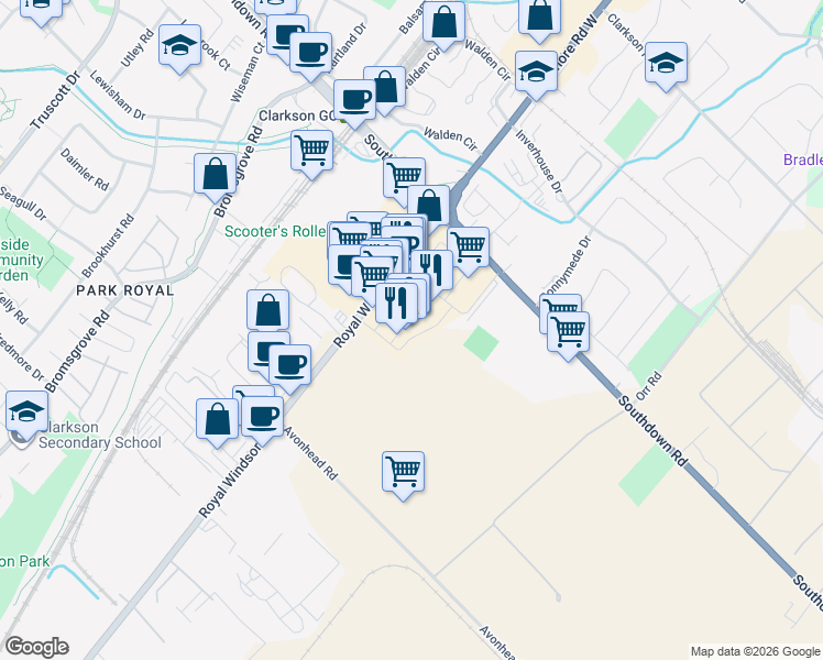 map of restaurants, bars, coffee shops, grocery stores, and more near 920 Southdown Road in Mississauga