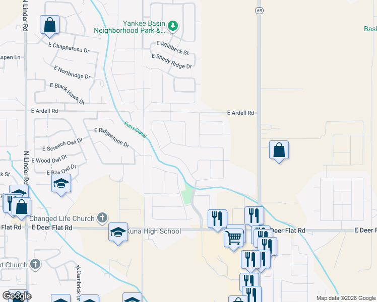 map of restaurants, bars, coffee shops, grocery stores, and more near 1925 N Meridian Rd in Kuna