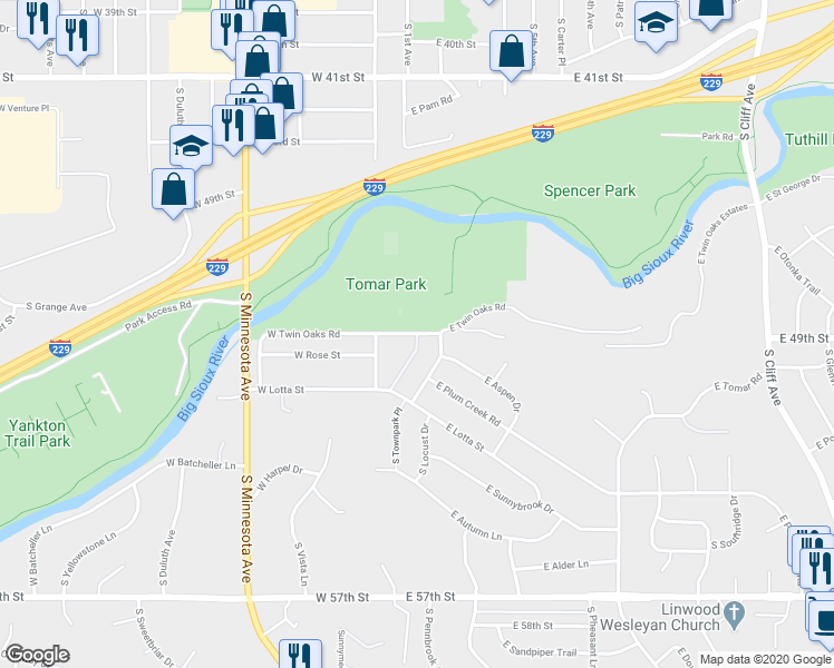map of restaurants, bars, coffee shops, grocery stores, and more near 101 East Twin Oaks Place in Sioux Falls