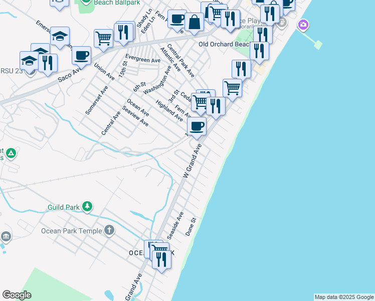 map of restaurants, bars, coffee shops, grocery stores, and more near 26 Odena Avenue in Old Orchard Beach