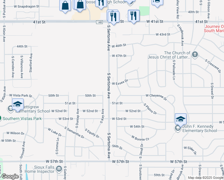 map of restaurants, bars, coffee shops, grocery stores, and more near 4107 South Plateau Trail in Sioux Falls
