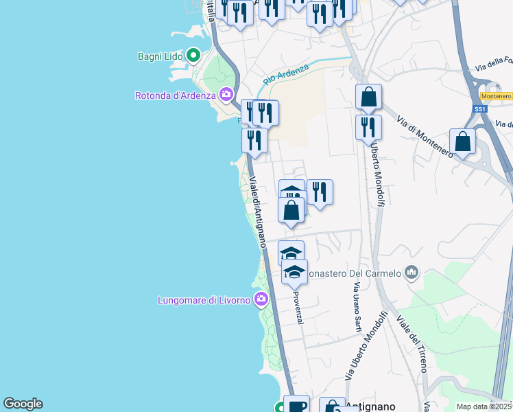 map of restaurants, bars, coffee shops, grocery stores, and more near 67 Viale di Antignano in Livorno