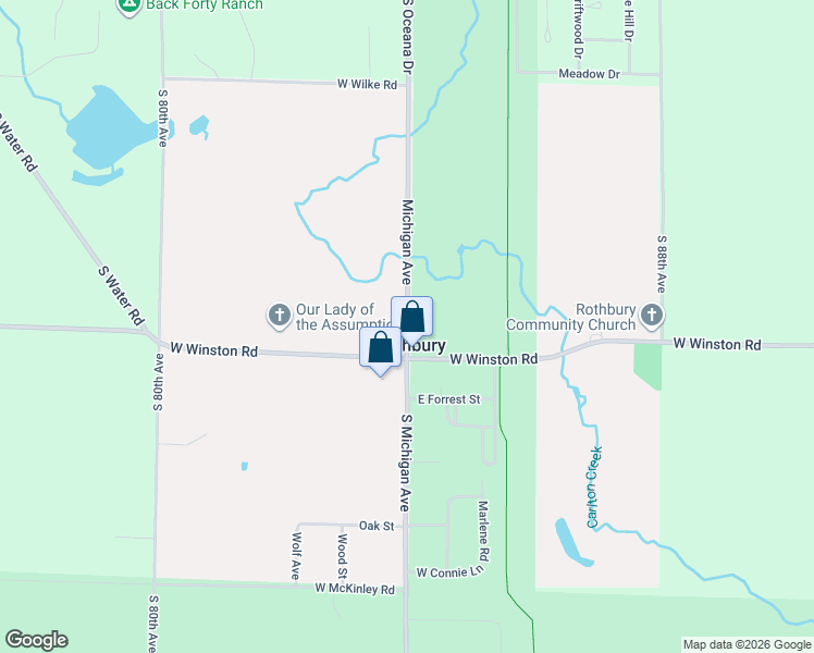 map of restaurants, bars, coffee shops, grocery stores, and more near 7565 Michigan Avenue in Rothbury