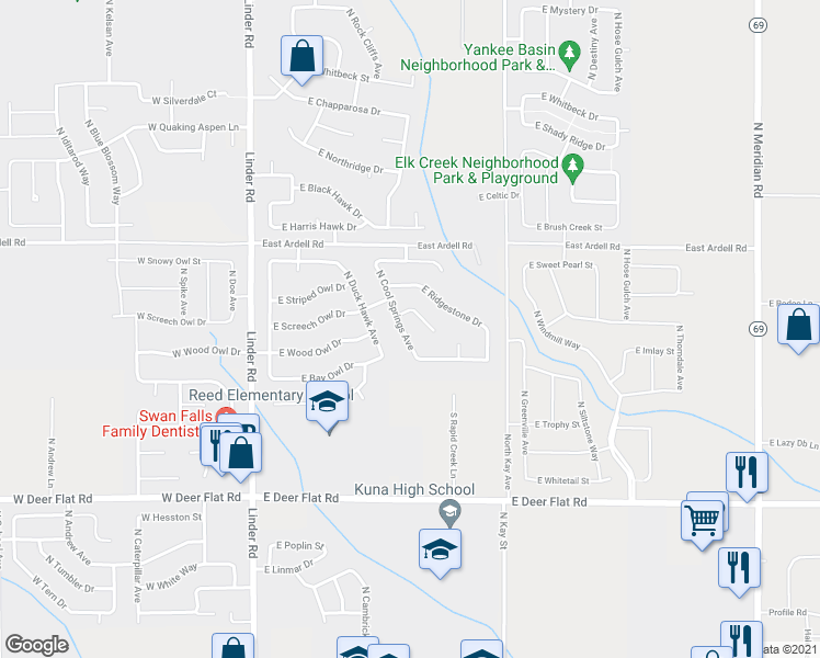 map of restaurants, bars, coffee shops, grocery stores, and more near 1928 North Cool Springs Avenue in Kuna