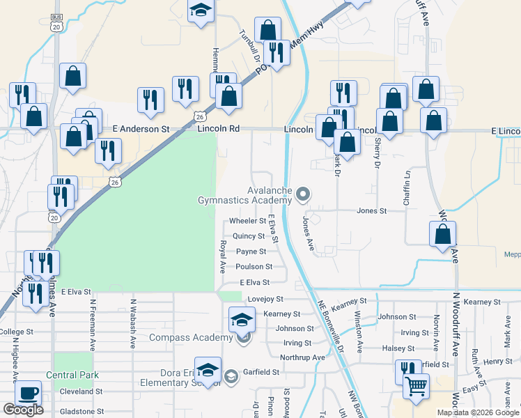map of restaurants, bars, coffee shops, grocery stores, and more near 1360 Vernon Avenue in Idaho Falls