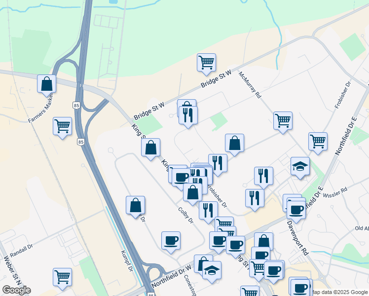 map of restaurants, bars, coffee shops, grocery stores, and more near 55 Bathurst Drive in Waterloo