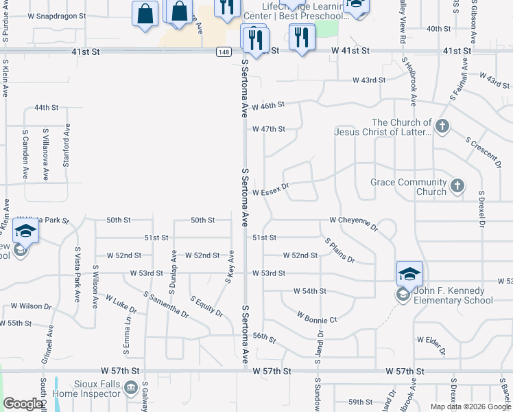 map of restaurants, bars, coffee shops, grocery stores, and more near 4107 South Plateau Trail in Sioux Falls