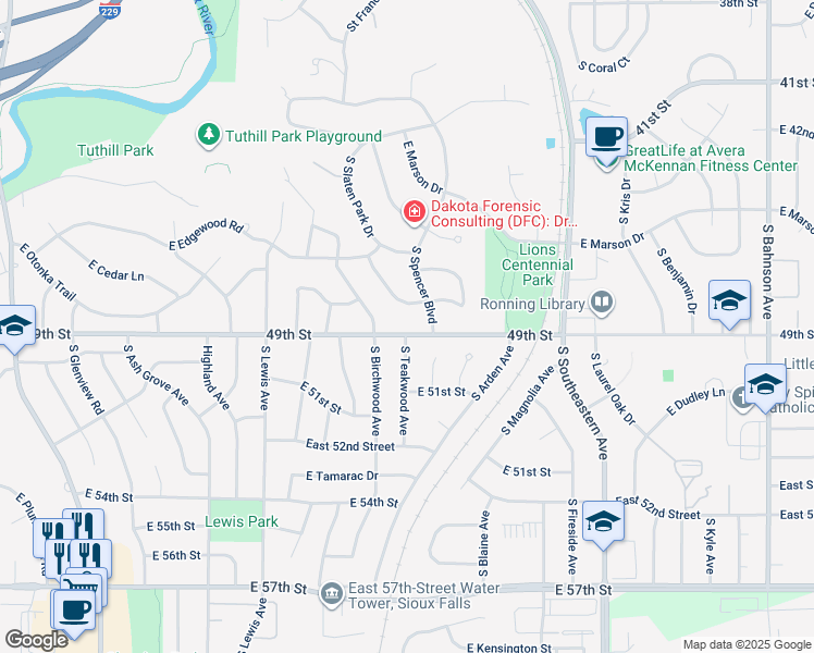 map of restaurants, bars, coffee shops, grocery stores, and more near 2301-2415 East 49th Street in Sioux Falls