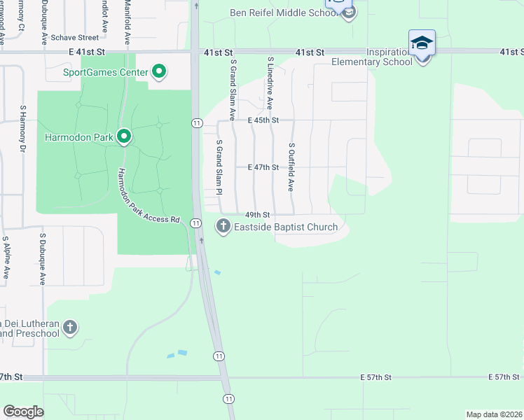 map of restaurants, bars, coffee shops, grocery stores, and more near East 49th Street in Sioux Falls