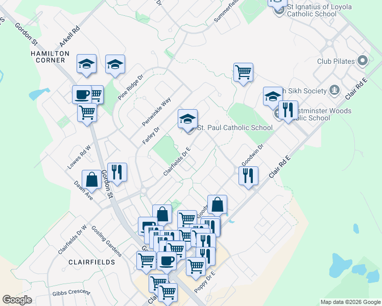 map of restaurants, bars, coffee shops, grocery stores, and more near 151 Clairfields Drive East in Guelph