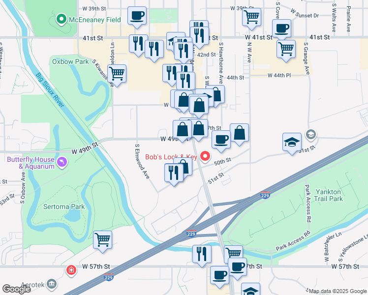 map of restaurants, bars, coffee shops, grocery stores, and more near 3905 South Western Avenue in Sioux Falls