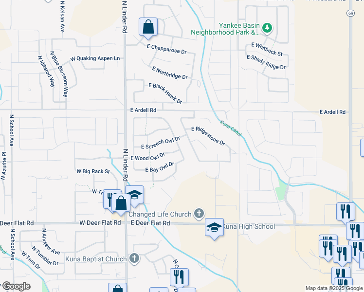 map of restaurants, bars, coffee shops, grocery stores, and more near 1954 North Duck Hawk Avenue in Kuna