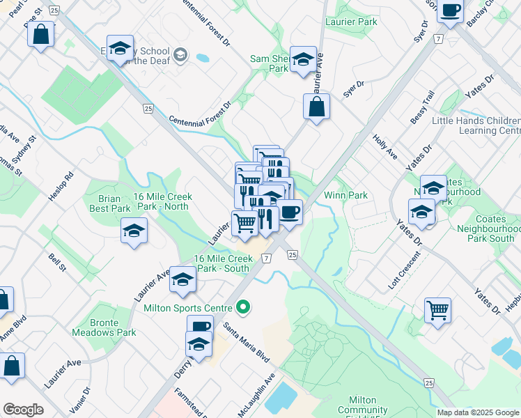 map of restaurants, bars, coffee shops, grocery stores, and more near 18-500 Laurier Avenue in Milton