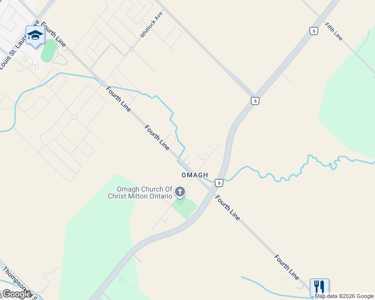 map of restaurants, bars, coffee shops, grocery stores, and more near 1595 Fourth Line in Milton